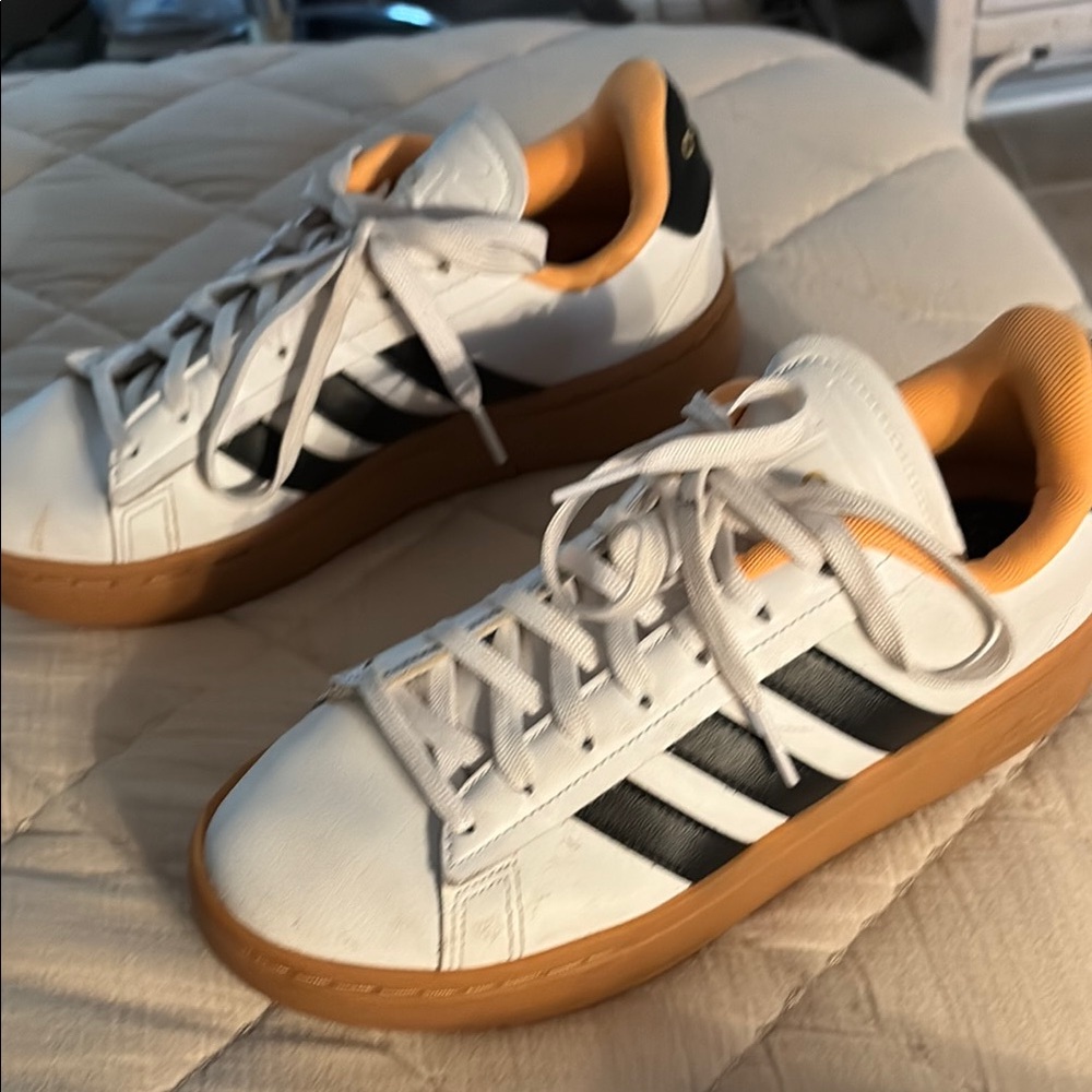 Adidas White and Black Sneakers with Tan Sole